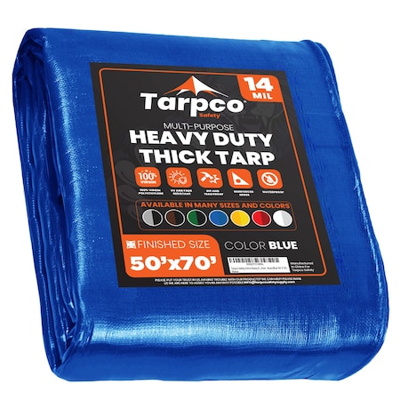 Tarpco Safety Heavy Duty Tarp, 70 ft L x 0.5 mm H x 50 ft W, 14 Mil, Blue, Polyethylene TS-105-50X70